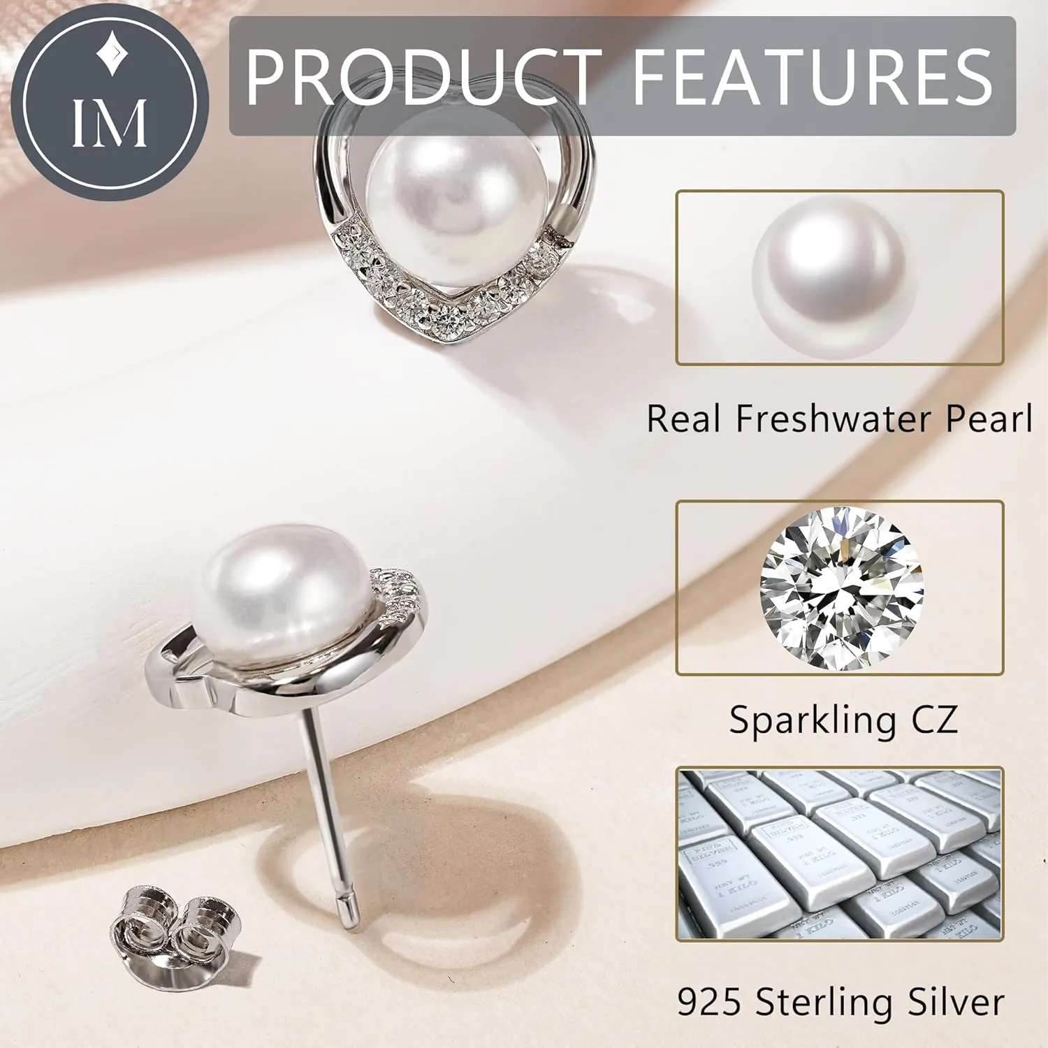 Impalsory 18K Gold Plated Pearl Heart Earrings with Zircon, Silver Base, Hypoallergenic & Comfortable Fit