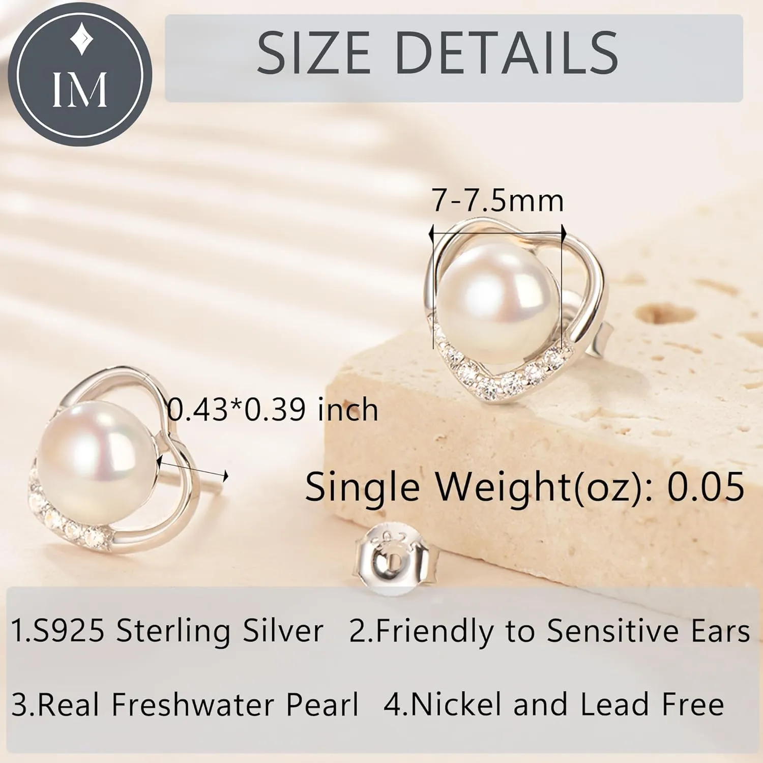 Impalsory 18K Gold Plated Pearl Heart Earrings with Zircon, Silver Base, Hypoallergenic & Comfortable Fit