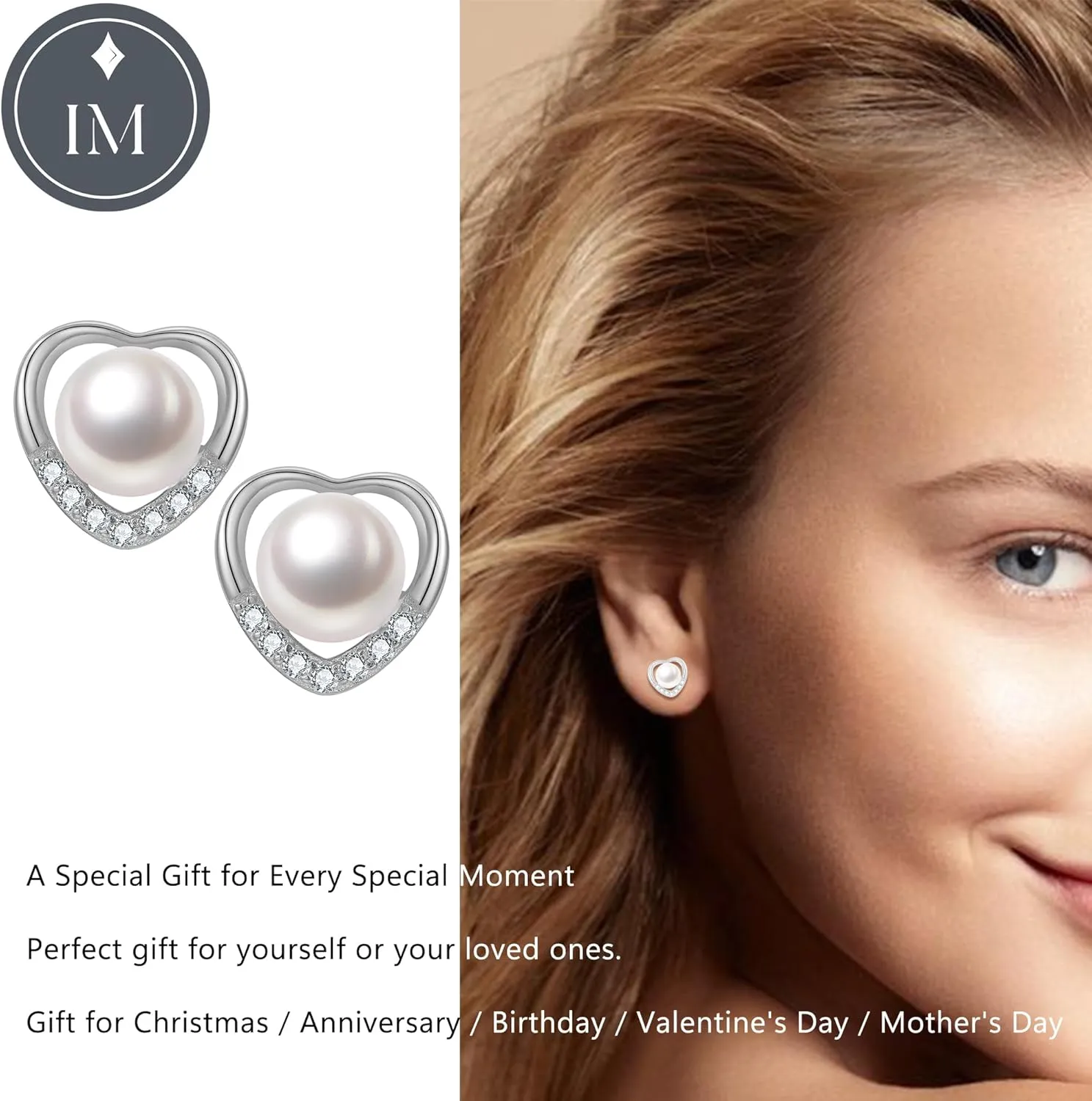 Impalsory 18K Gold Plated Pearl Heart Earrings with Zircon, Silver Base, Hypoallergenic & Comfortable Fit