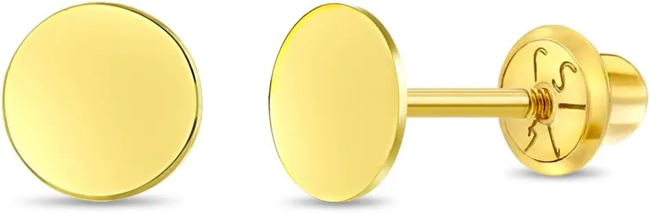In Season Jewelry 14k Yellow Gold 6mm Round Engravable Screw Back Earrings For Toddlers, Little Girls & Preteens - Adorable Initial Engraving Earrings For Young Girls - Timeless Girl Earrings