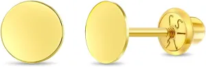 In Season Jewelry 14k Yellow Gold 6mm Round Engravable Screw Back Earrings For Toddlers, Little Girls & Preteens - Adorable Initial Engraving Earrings For Young Girls - Timeless Girl Earrings