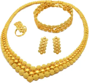 Indian Bollywood Women Jewelry Sets 24K Gold Plated Dubai Gold Necklace Earrings Bangle Fashion Wedding Prom Jewelry Set