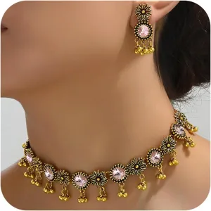 Indian Necklace Earrings Set for Women Vintage Jhumka Necklace Ethnic Style Gold Beaded Tassel Earrings Indian Jewelry Set Wdding Party Prom Jewelry Accessories for Her