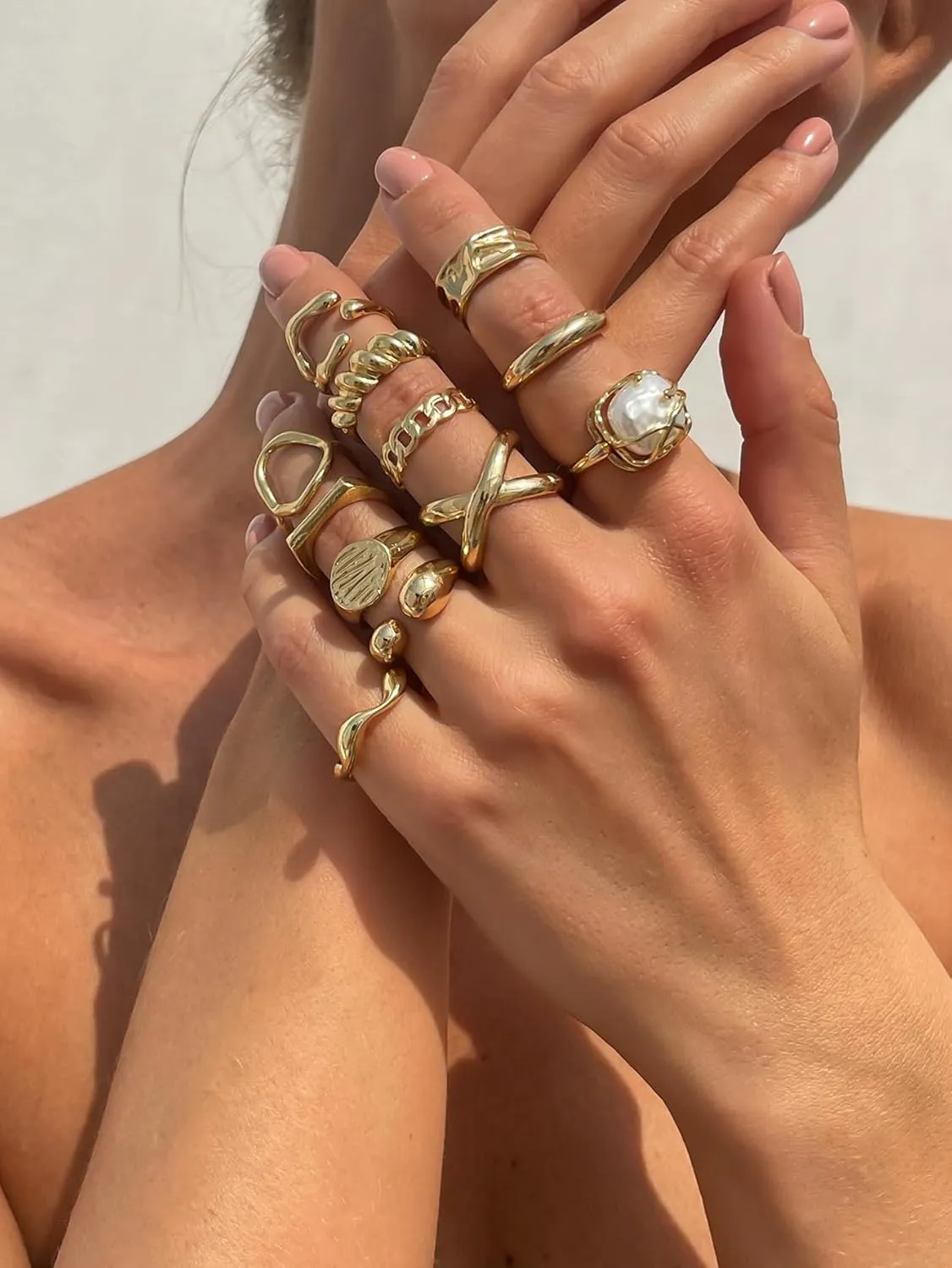 Ingemark Rings for Women 14K Gold Plated Chunky Teardrop Water Drop Ring Silver Adjustable Large Thick Smooth Curved Open Thumb Finger Rings 12 Pieces Bold Crossover Statement Ring Band