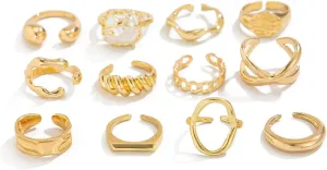 Ingemark Rings for Women 14K Gold Plated Chunky Teardrop Water Drop Ring Silver Adjustable Large Thick Smooth Curved Open Thumb Finger Rings 12 Pieces Bold Crossover Statement Ring Band