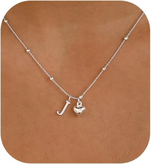 Initial Necklaces for Women,Cute Heart Letter Necklace Small Silver Necklace for Women Trendy Silver Jewelry