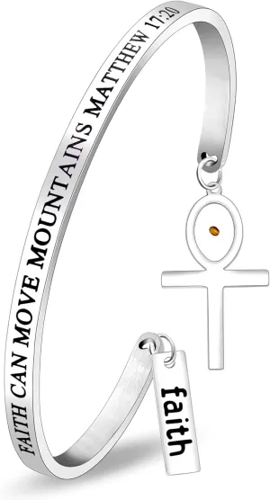 Inspirational Faith Bracelet for Women with Engraved Matthew 17:20 'Faith Can Move Mountains' Quote | Adjustable Cuff Bracelets with Spiritual Charm and Mustard Seed for Christian