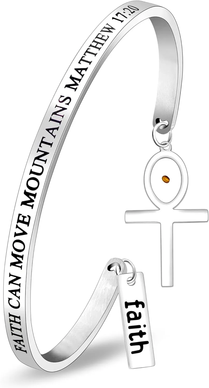 Inspirational Faith Bracelet for Women with Engraved Matthew 17:20 'Faith Can Move Mountains' Quote | Adjustable Cuff Bracelets with Spiritual Charm and Mustard Seed for Christian