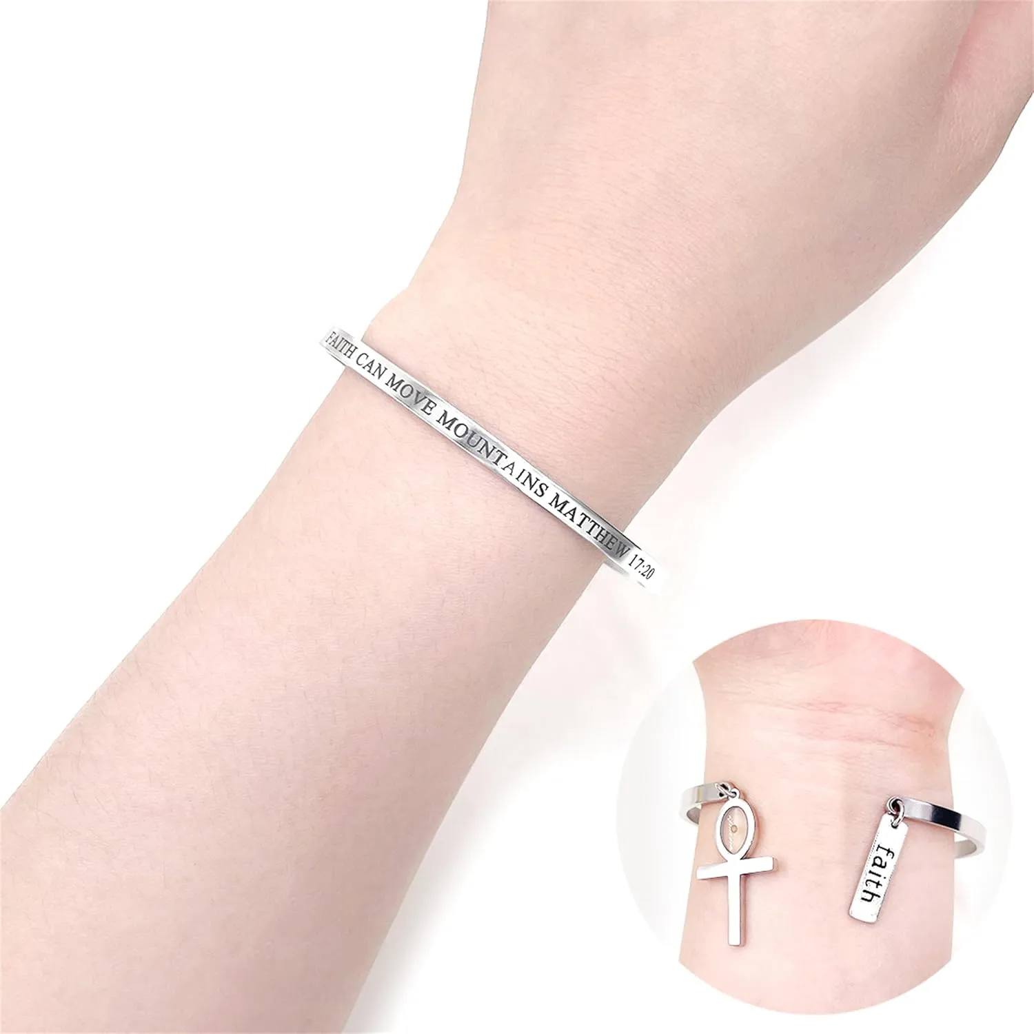 Inspirational Faith Bracelet for Women with Engraved Matthew 17:20 'Faith Can Move Mountains' Quote | Adjustable Cuff Bracelets with Spiritual Charm and Mustard Seed for Christian