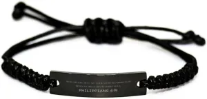 Inspirational Philippians 4:19 Christian Black Rop Bracelet Encouragement Gifts Message Prayer Philippians 4:19 Religious Bracelets for Women Men Philippians 4:19 Bible Verse Faith Adjustable Engraved