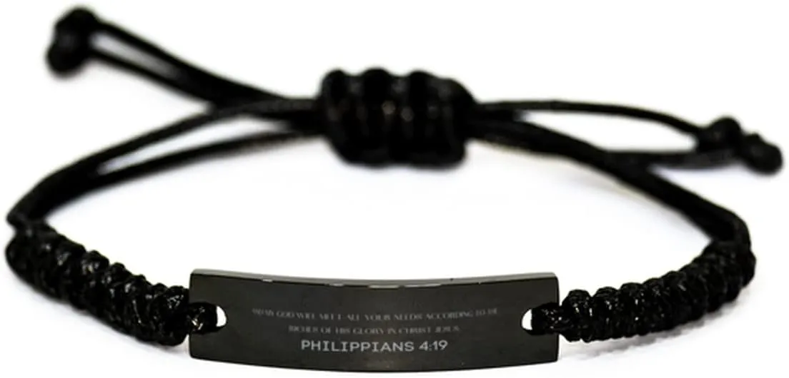 Inspirational Philippians 4:19 Christian Black Rop Bracelet Encouragement Gifts Message Prayer Philippians 4:19 Religious Bracelets for Women Men Philippians 4:19 Bible Verse Faith Adjustable Engraved