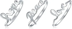 Inspirational Saying Script Words Peace Hope Love Stud Earrings or 3 Ring Stacked Set For Women Teen .925 Sterling Silver Thin 1 MM Band