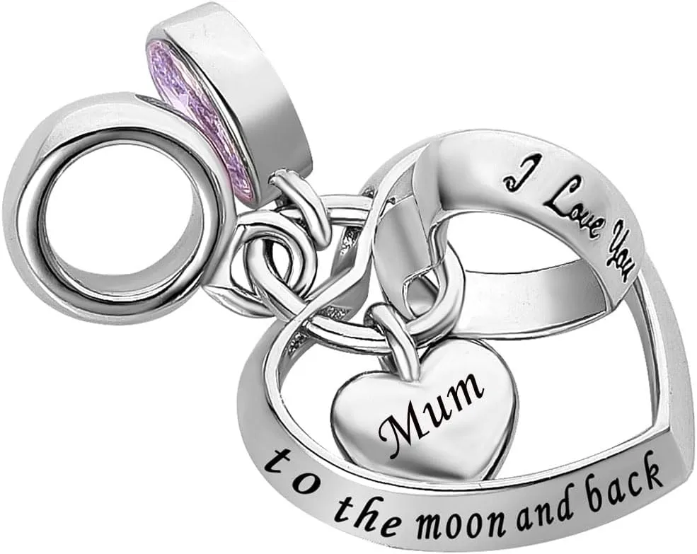 Interlocking Love Heart Dangle Charm fits Pandora Charms Bracelets with Pink Birthstone Cubic Zirconia I Love You to the Moon and Back