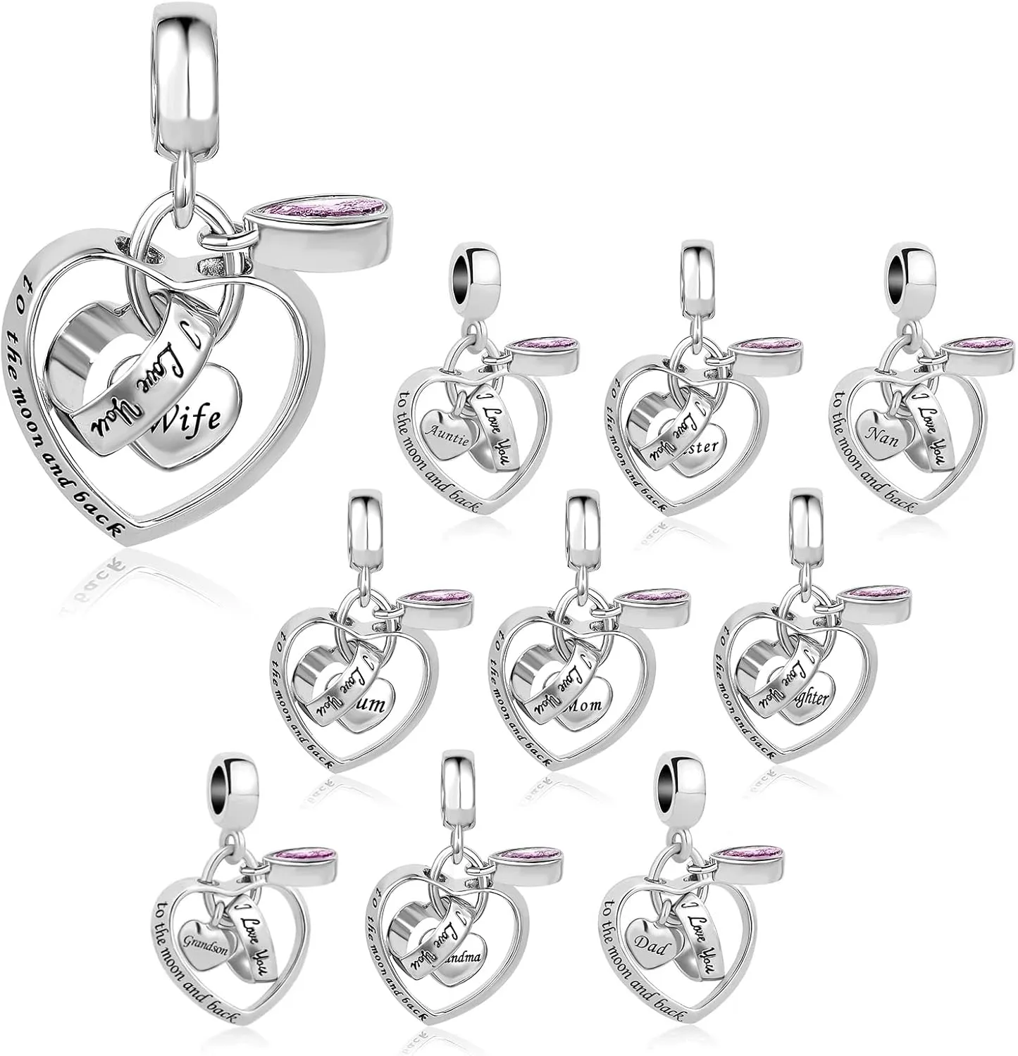 Interlocking Love Heart Dangle Charm fits Pandora Charms Bracelets with Pink Birthstone Cubic Zirconia I Love You to the Moon and Back