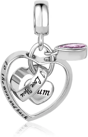 Interlocking Love Heart Dangle Charm fits Pandora Charms Bracelets with Pink Birthstone Cubic Zirconia I Love You to the Moon and Back