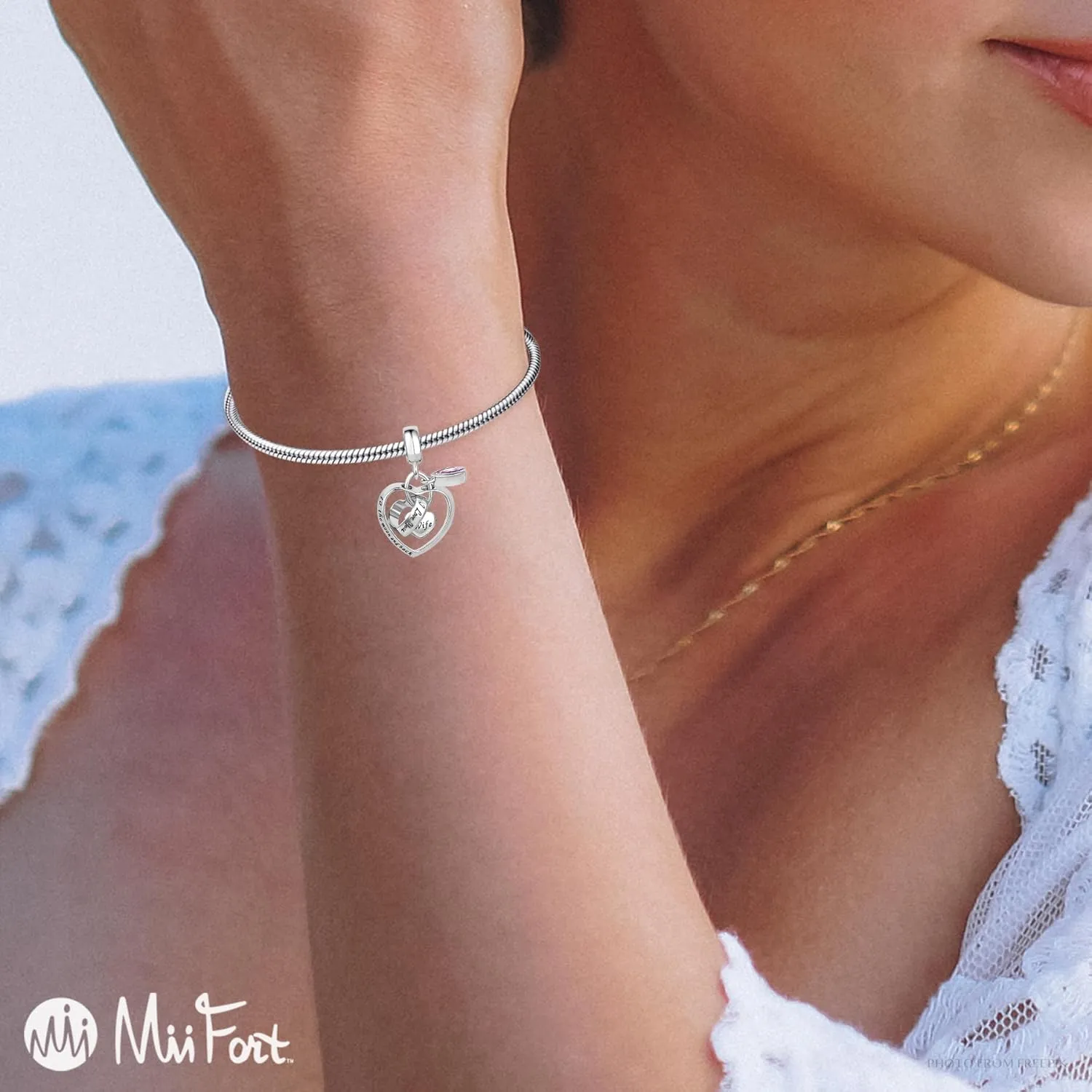 Interlocking Love Heart Dangle Charm fits Pandora Charms Bracelets with Pink Birthstone Cubic Zirconia I Love You to the Moon and Back
