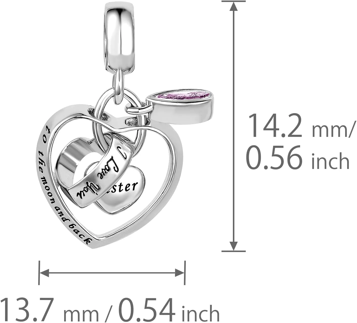 Interlocking Love Heart Dangle Charm fits Pandora Charms Bracelets with Pink Birthstone Cubic Zirconia I Love You to the Moon and Back