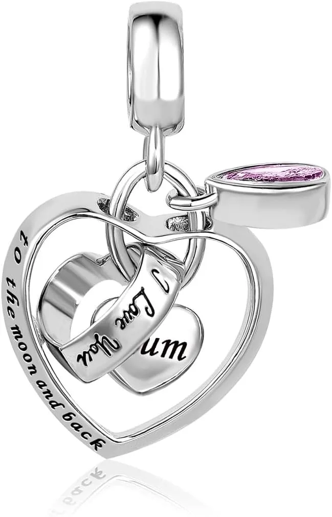 Interlocking Love Heart Dangle Charm fits Pandora Charms Bracelets with Pink Birthstone Cubic Zirconia I Love You to the Moon and Back