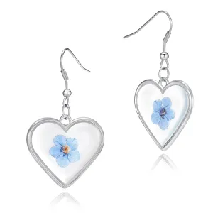 Jayden Silver Heart Earrings for Women - Handmade Forget-Me-Not Pressed Flower Earrings - Gift for Woman,Girls