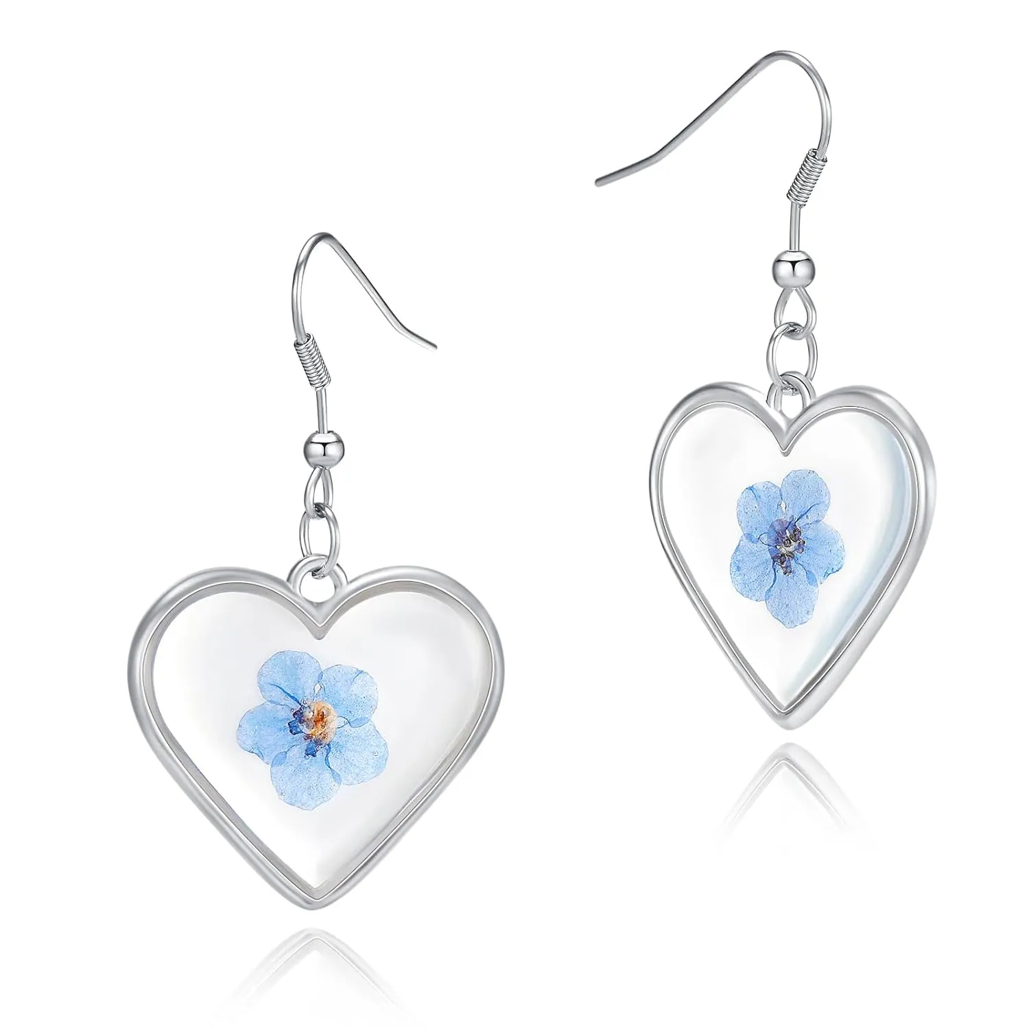 Jayden Silver Heart Earrings for Women - Handmade Forget-Me-Not Pressed Flower Earrings - Gift for Woman,Girls
