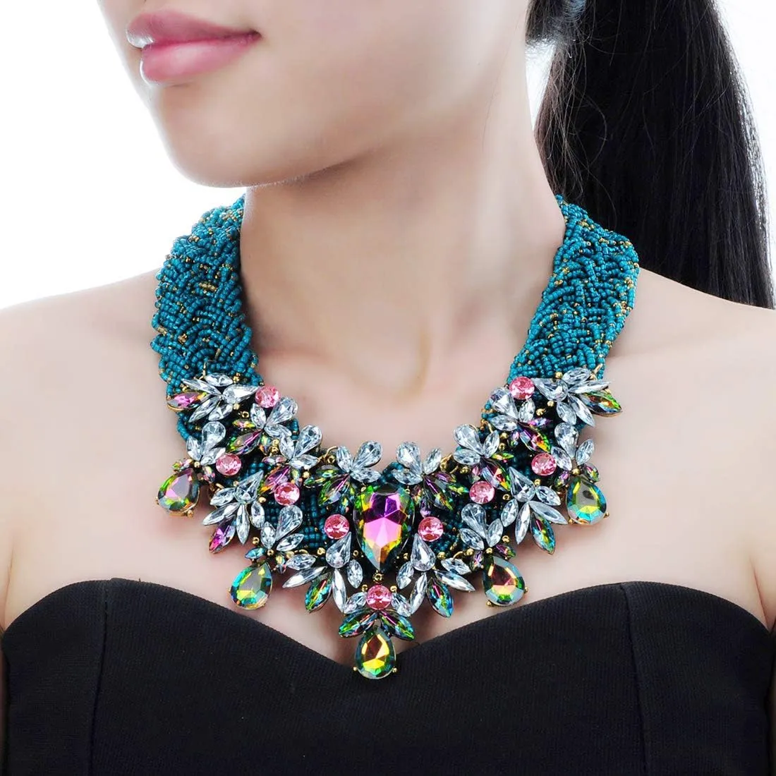 Jerollin Simulated Pearl Body Statement Necklace for Women, Fashion Collar Bib Necklaces Fashion Costume Jewelry Necklace
