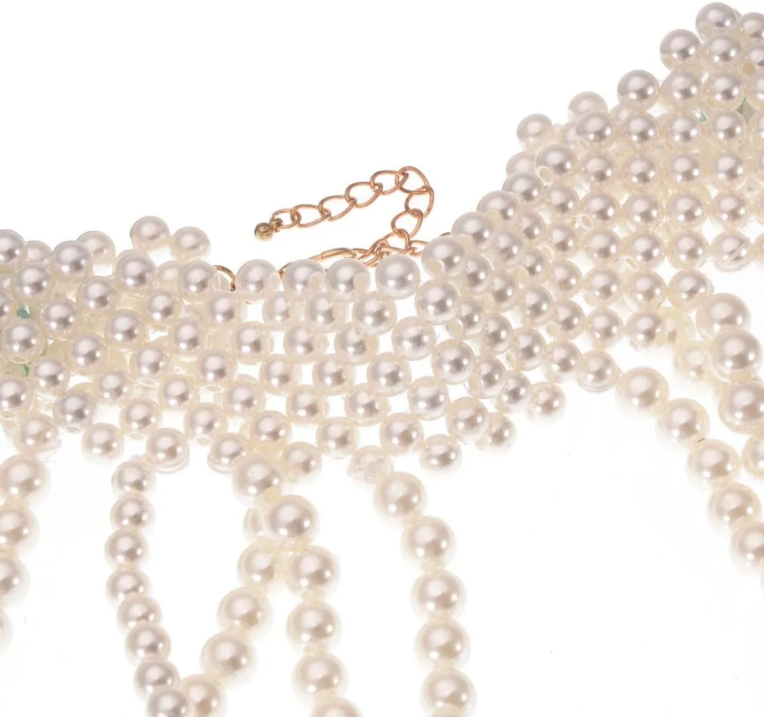 Jerollin Simulated Pearl Body Statement Necklace for Women, Fashion Collar Bib Necklaces Fashion Costume Jewelry