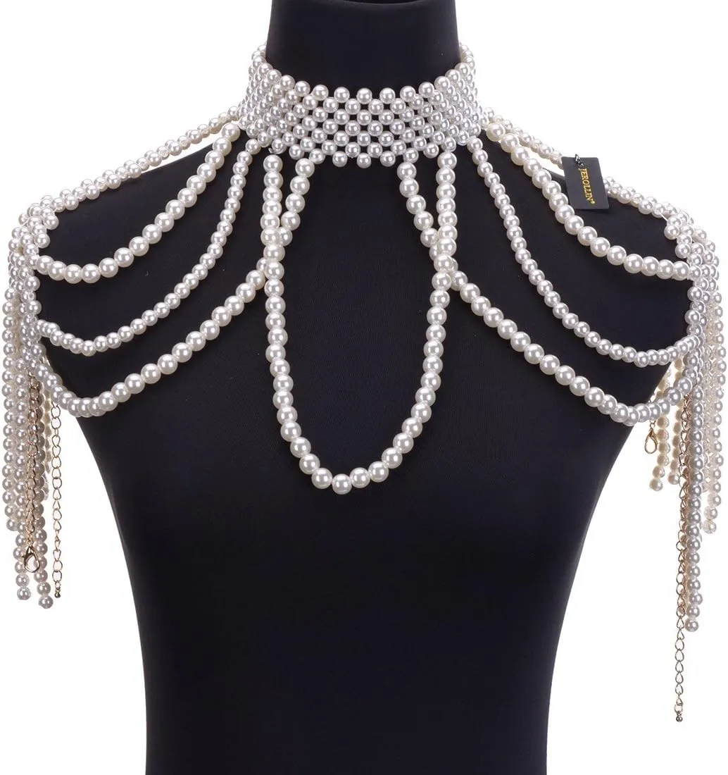 Jerollin Simulated Pearl Body Statement Necklace for Women, Fashion Collar Bib Necklaces Fashion Costume Jewelry