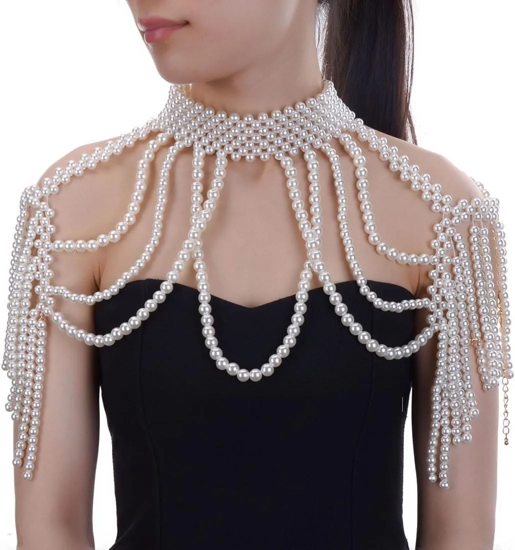 Jerollin Simulated Pearl Body Statement Necklace for Women, Fashion Collar Bib Necklaces Fashion Costume Jewelry