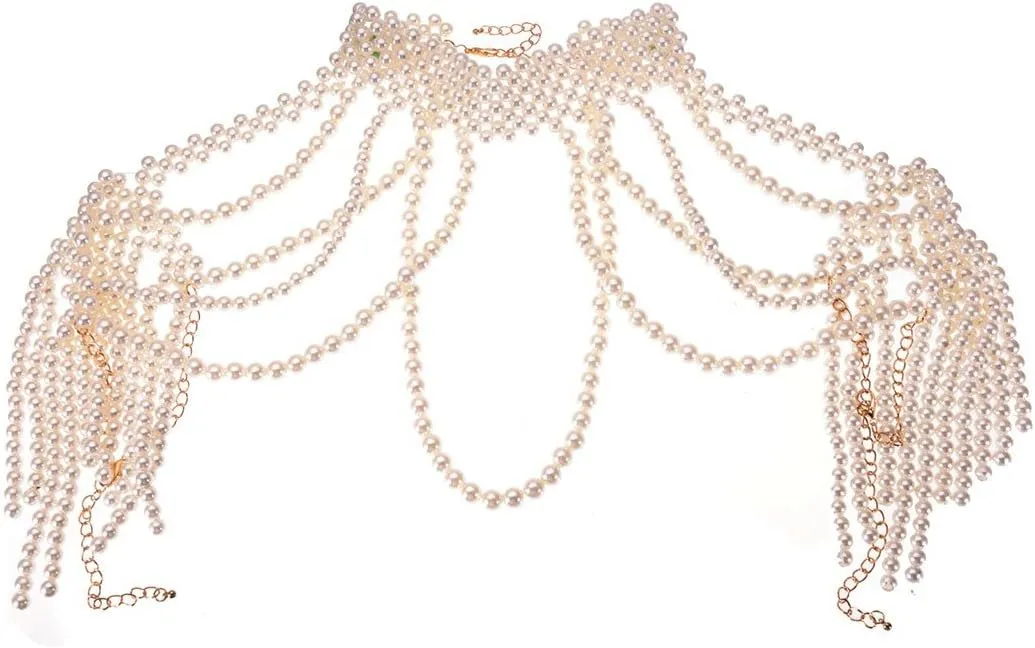 Jerollin Simulated Pearl Body Statement Necklace for Women, Fashion Collar Bib Necklaces Fashion Costume Jewelry