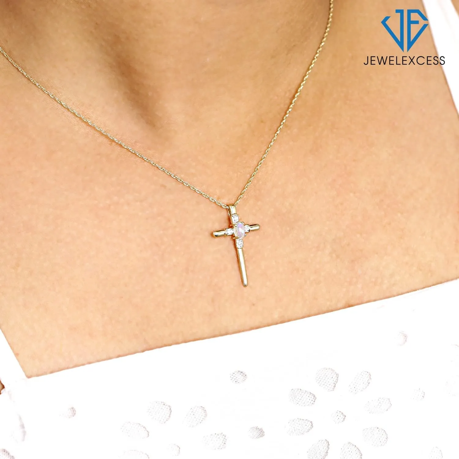 JEWELEXCESS Silver Cross Necklaces for Women Silver Cross Necklace for Women Over .925 Sterling Silver  Gemstone Necklace Centerpiece, White Diamond Accents  Hypoallergenic Cross Pendant
