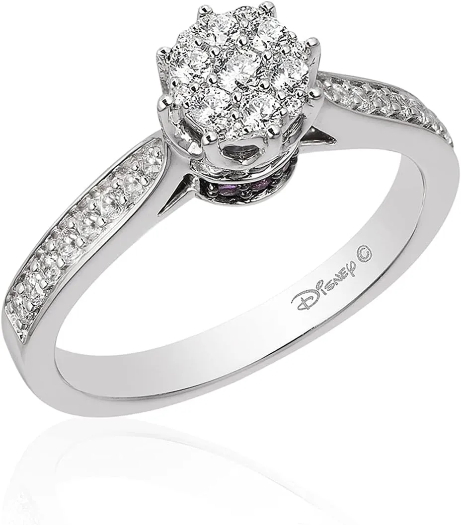Jewelili Enchanted Disney Fine Jewelry 10K White Gold with 1/3 CTTW Diamonds and Amethyst Ariel Bridal Ring