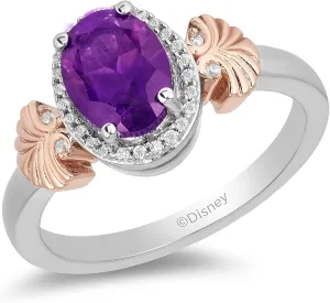 Jewelili Enchanted Disney Fine Jewelry 14K Rose Gold Over Sterling Silver with 1/10 CTTW Diamond and Amethyst Ariel Seashell Ring Size 7