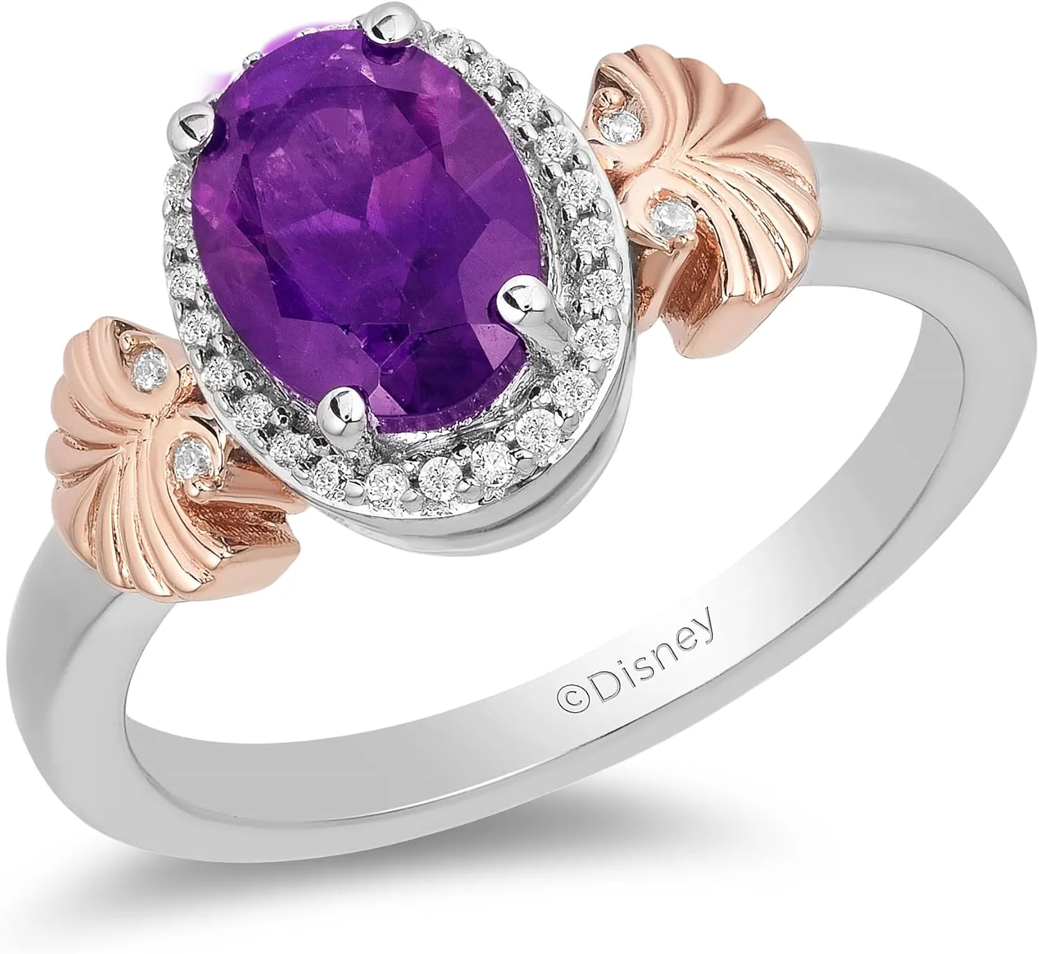 Jewelili Enchanted Disney Fine Jewelry 14K Rose Gold Over Sterling Silver with 1/10 CTTW Diamond and Amethyst Ariel Seashell Ring Size 7