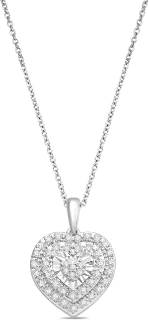 Jewelili Sterling Silver Double Halo Heart Pendant Necklace for Women | 1/4 CTTW Natural White Round Diamonds | 18" Cable Chain | Luxury Jewelry with Gift Box | Timeless Fashion Jewelry Gift for Her