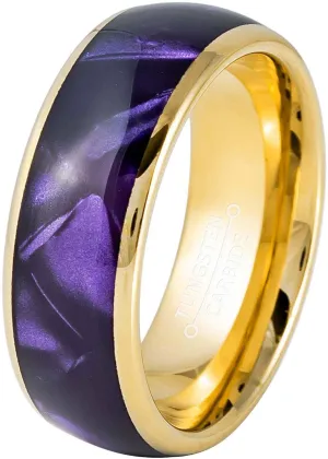 Jewelry Avalanche Dome Yellow Gold IP 8mm Imitation Purple Cowrie Inlay Wedding Band Comfort Fit - Mens Tungsten Carbide Ring
