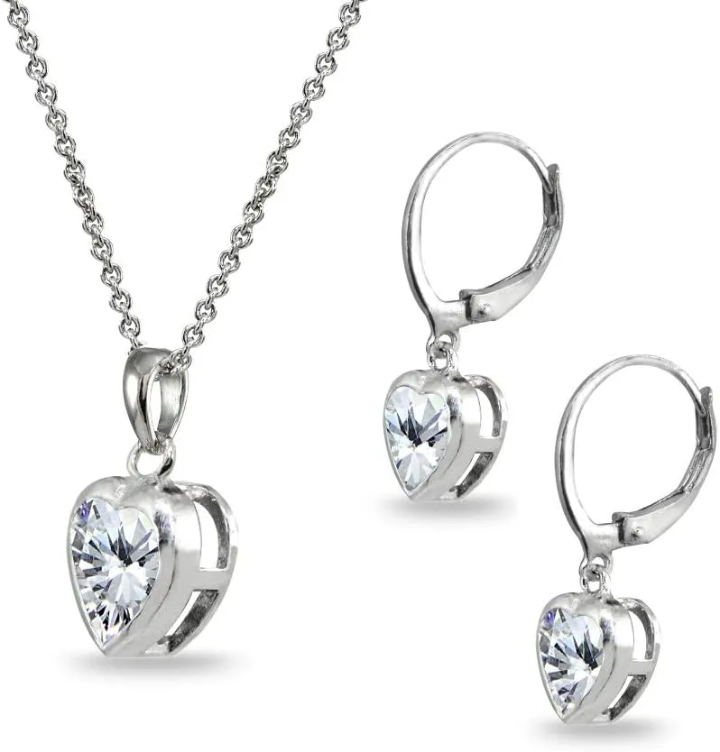Jewelry Sets for Women, Heart Necklace and Earring Sets for Women, Birthstone Jewelry, Bezel-Set Genuine or Synthetic Gems, Pendant Necklace, Short Necklace, Dangle Earrings, Sterling Silver Jewelry