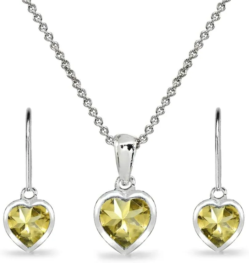 Jewelry Sets for Women, Heart Necklace and Earring Sets for Women, Birthstone Jewelry, Bezel-Set Genuine or Synthetic Gems, Pendant Necklace, Short Necklace, Dangle Earrings, Sterling Silver Jewelry