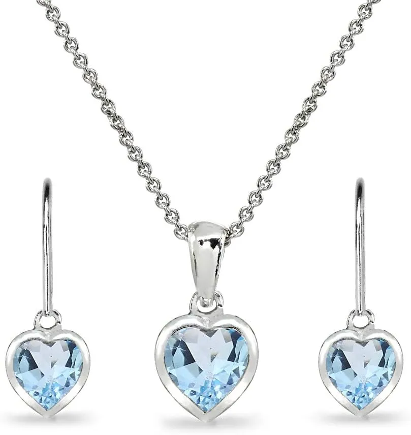 Jewelry Sets for Women, Heart Necklace and Earring Sets for Women, Birthstone Jewelry, Bezel-Set Genuine or Synthetic Gems, Pendant Necklace, Short Necklace, Dangle Earrings, Sterling Silver Jewelry