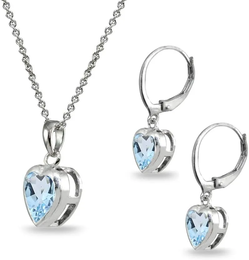 Jewelry Sets for Women, Heart Necklace and Earring Sets for Women, Birthstone Jewelry, Bezel-Set Genuine or Synthetic Gems, Pendant Necklace, Short Necklace, Dangle Earrings, Sterling Silver Jewelry