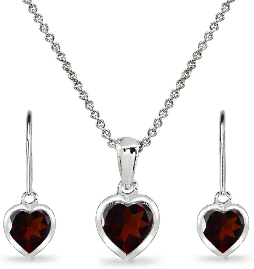 Jewelry Sets for Women, Heart Necklace and Earring Sets for Women, Birthstone Jewelry, Bezel-Set Genuine or Synthetic Gems, Pendant Necklace, Short Necklace, Dangle Earrings, Sterling Silver Jewelry