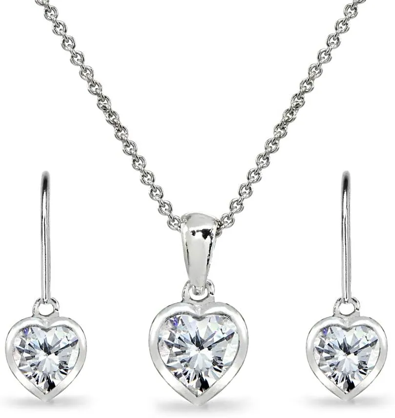 Jewelry Sets for Women, Heart Necklace and Earring Sets for Women, Birthstone Jewelry, Bezel-Set Genuine or Synthetic Gems, Pendant Necklace, Short Necklace, Dangle Earrings, Sterling Silver Jewelry