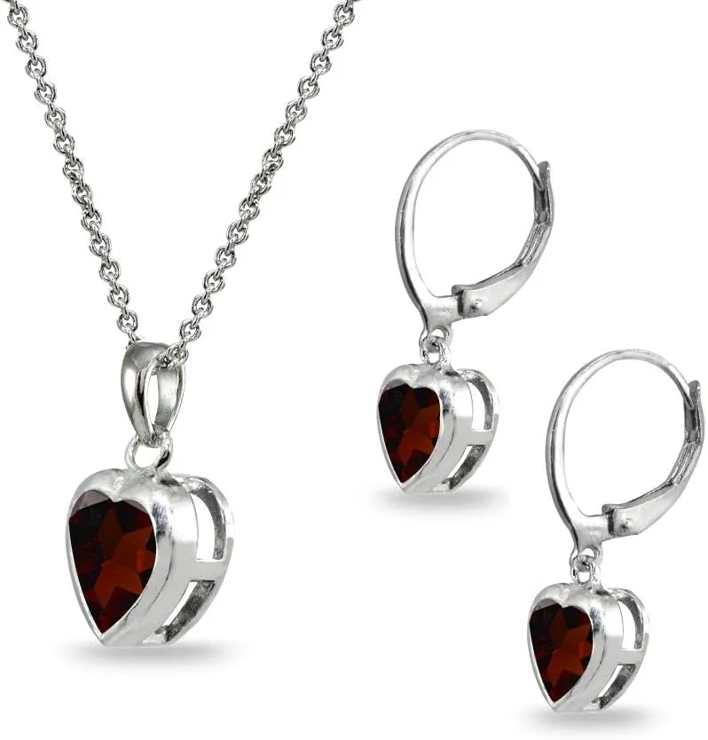 Jewelry Sets for Women, Heart Necklace and Earring Sets for Women, Birthstone Jewelry, Bezel-Set Genuine or Synthetic Gems, Pendant Necklace, Short Necklace, Dangle Earrings, Sterling Silver Jewelry