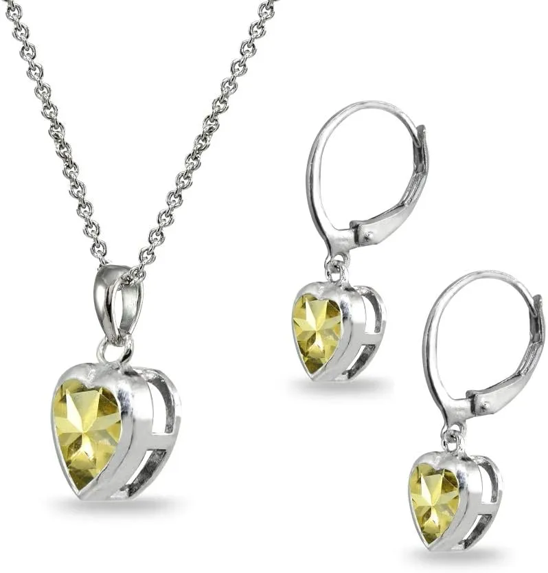 Jewelry Sets for Women, Heart Necklace and Earring Sets for Women, Birthstone Jewelry, Bezel-Set Genuine or Synthetic Gems, Pendant Necklace, Short Necklace, Dangle Earrings, Sterling Silver Jewelry