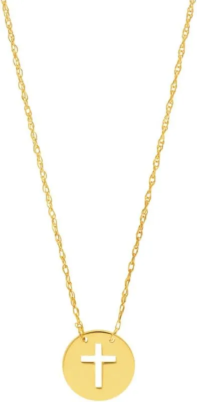 JewelryWeb 14k Solid Yellow Gold Mini Disk Cut Out Religious Faith Cross Adjustable Necklace 18 Inch Pendant-Necklace for Women in