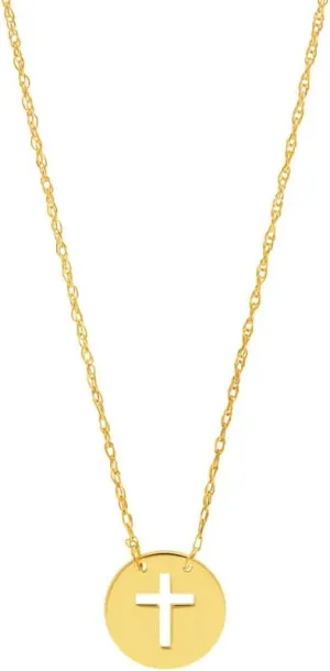 JewelryWeb 14k Solid Yellow Gold Mini Disk Cut Out Religious Faith Cross Adjustable Necklace 18 Inch Pendant-Necklace for Women in