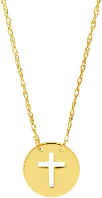 JewelryWeb 14k Solid Yellow Gold Mini Disk Cut Out Religious Faith Cross Adjustable Necklace 18 Inch Pendant-Necklace for Women in