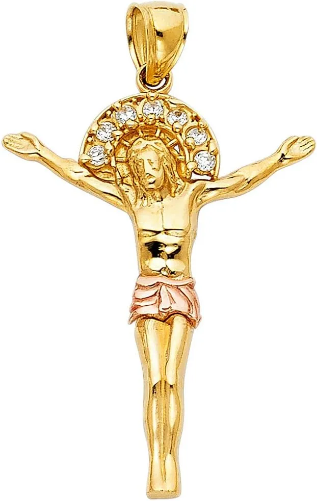 JewelryWeb 14k Yellow Gold and White Gold CZ Simulated Diamond Religious Faith Inspiration Jesus Christ Body Pendant Necklace 24x31mm-Pendant for Women