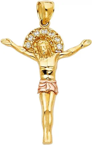JewelryWeb 14k Yellow Gold and White Gold CZ Simulated Diamond Religious Faith Inspiration Jesus Christ Body Pendant Necklace 24x31mm-Pendant for Women