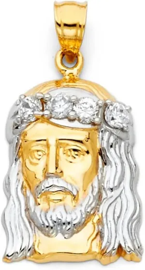 JewelryWeb 14k Yellow Gold and White Gold CZ Simulated Diamond Religious Faith Inspiration Jesus Christ Head Pendant Necklace 15x30mm-Pendant for Women
