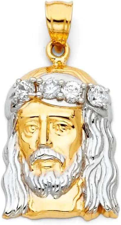 JewelryWeb 14k Yellow Gold and White Gold CZ Simulated Diamond Religious Faith Inspiration Jesus Christ Head Pendant Necklace 15x30mm-Pendant for Women